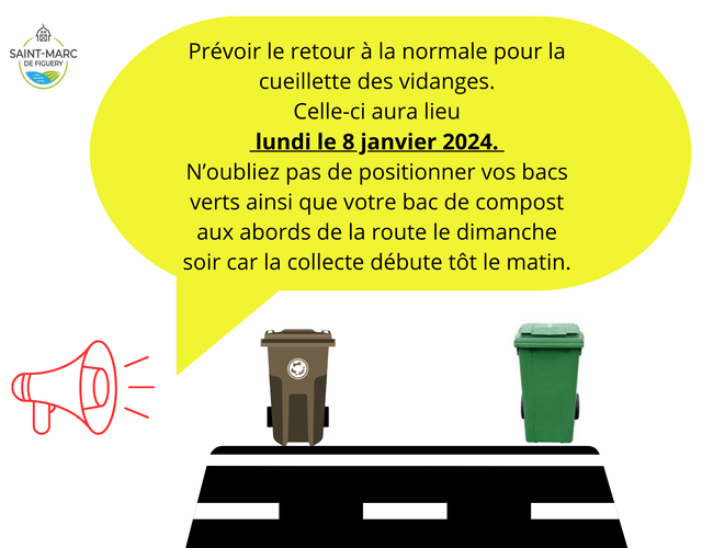 Retour à la normale pour la cueillette des poubelles, soit lundi le 8 janvier 2024