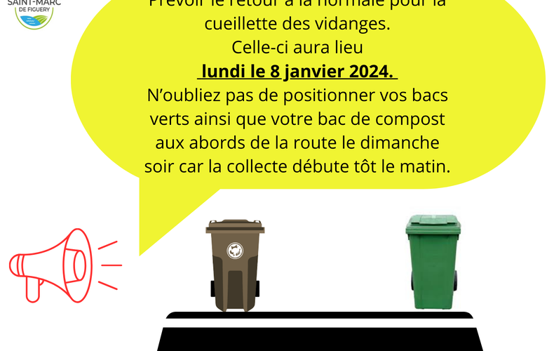 Retour à la normale pour la cueillette des poubelles, soit lundi le 8 janvier 2024